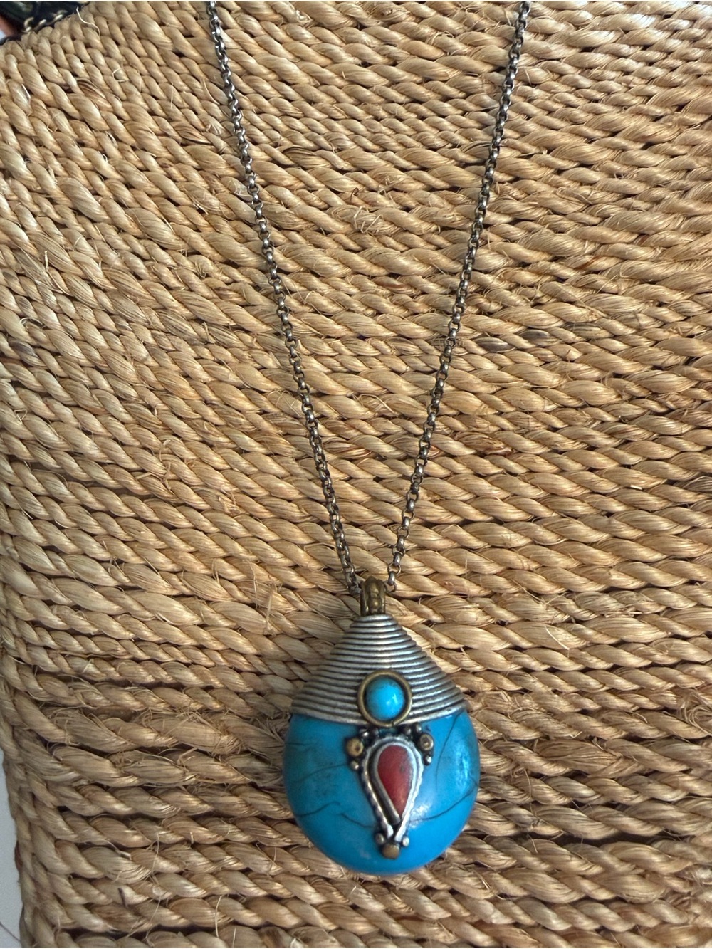 Turquoise Teardrop Pendant Necklace with coral w/ sterling chain 925